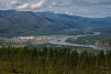 Aerial view of the village of Ust-Nera and the river Indigirka. Yakutia. Russia.