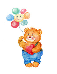 postcard for Valentine's day. Little Teddy bear with a flower and a heart.Watercolor illustration