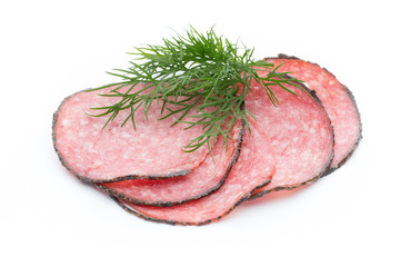 Sausage slices isolated on white background cutout.