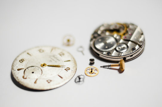 Clock Mechanism Closeup Old Broken