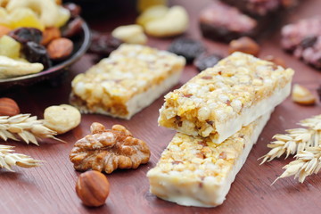 Cereal bars of granola with nuts and raisins