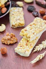 Cereal bars of granola with nuts and raisins