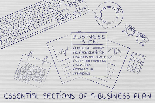 Detailed Documents On Desk, With Text Sections Of A Business Pla