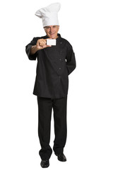 Mature man chef in uniform thumbs up and showing blank visiting