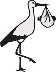 Stork standing on one leg with a baby bag