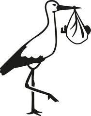 Realistic silhouette of a stork with a baby in his beak