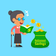 Cartoon old woman open a book that has money coins