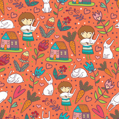Girls Love Rabbits Cute Seamless Pattern