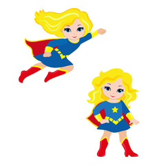 Cute Girl superhero in flight and in standing position.Vector illustration isolated on white background.