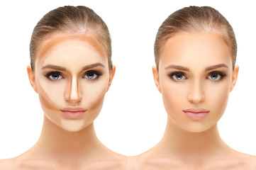 Contouring.Make up woman face. Contour and highlight makeup.