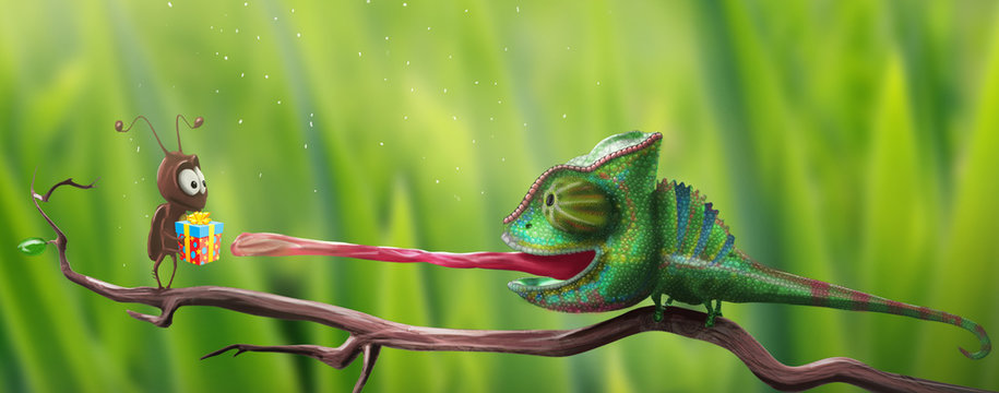 bright chameleon reaching for gift