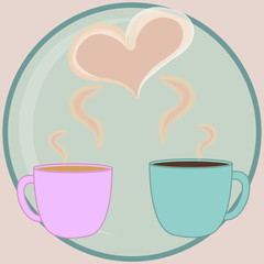 Romantic illustration of two coffee cups with steam in the shape