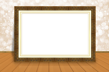 Empty gold wooden frame on bokeh abstract background, for montag