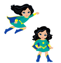 Cute Girl superhero in flight and in standing position.Vector illustration isolated on white background.