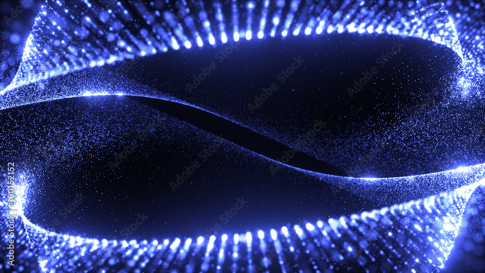 Poster abstract particle background, 3d render with depth of field, glow and randomize elements
