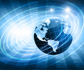 Best Internet Concept of global business. Globe, glowing lines on technological background. Electronics, Wi-Fi, rays, symbols Internet, television, mobile and satellite communications