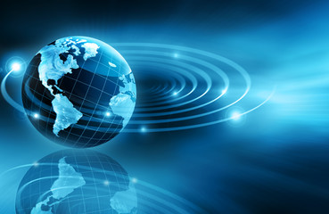 Best Internet Concept of global business. Globe, glowing lines on technological background. Electronics, Wi-Fi, rays, symbols Internet, television, mobile and satellite communications