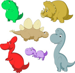 Collection of vector cartoon illustrations of cute dinosaurs.