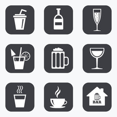 Coffee, tea icons. Alcohol drinks signs.