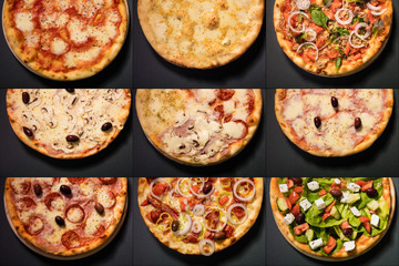 Different types of pizza served on wooden plate