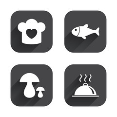 Chief hat, cooking pan icons. Fish and mushrooms