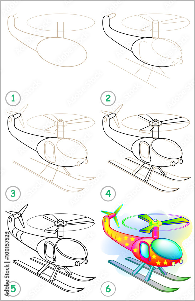 Wall mural page shows how to learn step by step to draw a helicopter. developing children skills for drawing an