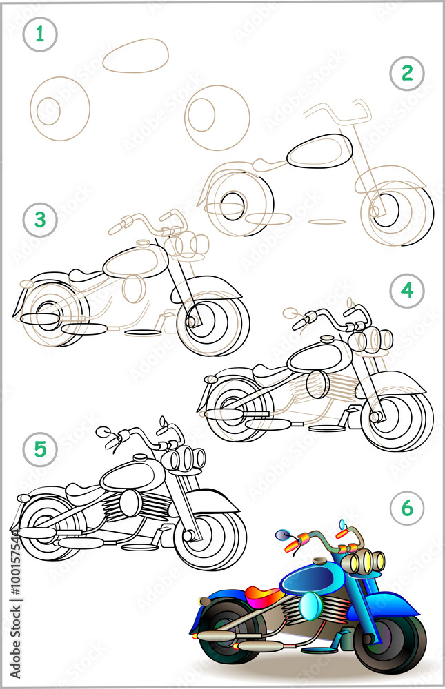 Wall mural page shows how to learn step by step to draw motorcycle. developing children skills for drawing and 