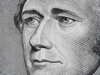 Alexander Hamilton face on ten dollar bill macro, 10 usd, united states money closeup