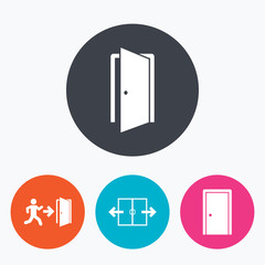 Doors signs. Emergency exit with arrow symbol.