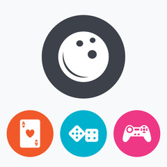 Bowling and Casino signs. Video game joystick.