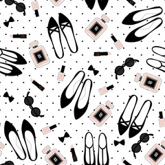Seamless fashion accessories pattern. Cute fashion illustration with black shoes, pink lipstick, nail polish, perfume, sunglasses on polka dots background. - 100159531