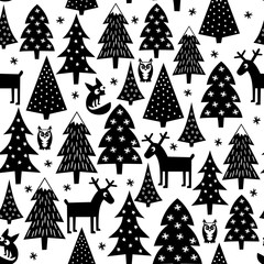 Black and white seamless Christmas pattern - Xmas trees, houses,foxes, owls and reindeer. Happy New Year background. Vector design for winter holidays. Child drawing style nature forest illustration - 100159560