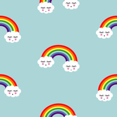 Rainbow background. Seamless pattern with smiling sleeping clouds and rainbows for kids holidays, textiles, interior design, book design. Cute baby shower vector background. Child drawing style sky.