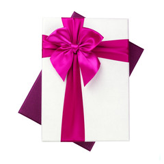 White gift Box with pink ribbon Isolated on white background