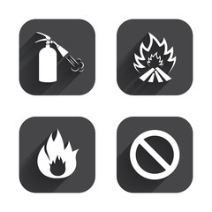 Fire flame icons. Prohibition stop symbol.