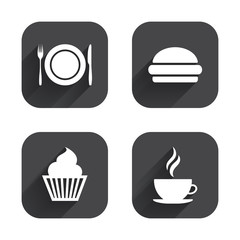 Food icons. Muffin cupcake symbol. Fork, knife.