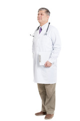 old asian man doctor in white with stethoscope and clipboard