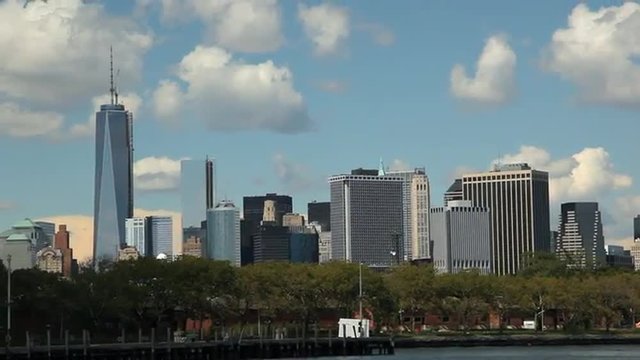 View of the New York City Skyline while floating the East River by ferry.