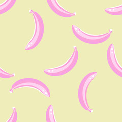 Fototapeta na wymiar Banana fruit seamless vector pattern. Pink banana food background on yellow.