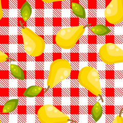 Tartan plaid with pears seamless pattern. Kitchen red checkered tablecloth fabric background.