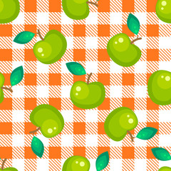 Tartan plaid and green apple seamless pattern. Kitchen orange checkered tablecloth fabric background.