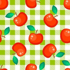 Tartan plaid and red apple seamless pattern. Kitchen green checkered tablecloth fabric background.