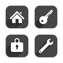 Home key icon. Wrench service tool symbol.