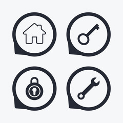 Home key icon. Wrench service tool symbol.