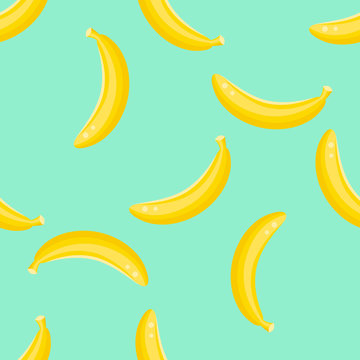 Banana fruit seamless vector pattern. Yellow banana food background on green mint.