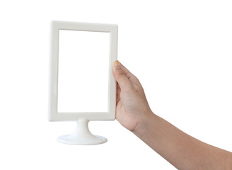 woman hand holding a blank menu frame on a white background