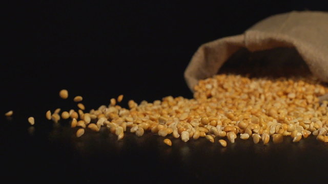 SLOW (240fps): A cloth bag falls on a table and a yellow peas scatter out it
