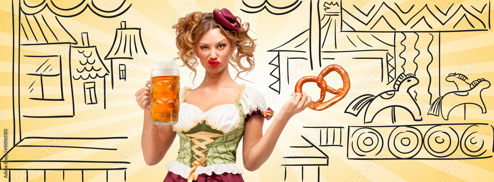 Wall mural Flying horses / Beautiful sexy Oktoberfest waitress wearing a traditional Bavarian dress dirndl holding a pretzel and beer mug, and making grimaces of contempt on sketchy carousel background. 