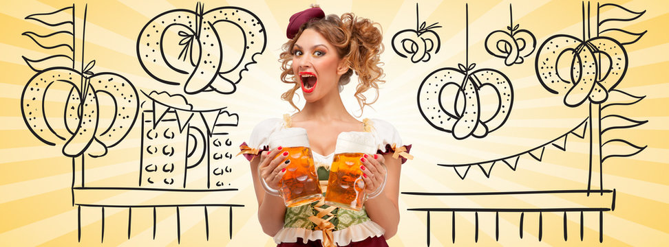 Shocking fun / Beautiful sexy shocked woman wearing a traditional Bavarian dress dirndl serving two beer mugs on sketchy Oktoberfest tent with knot decoration background. 