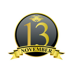 13 november golden calendar circle with ribbon